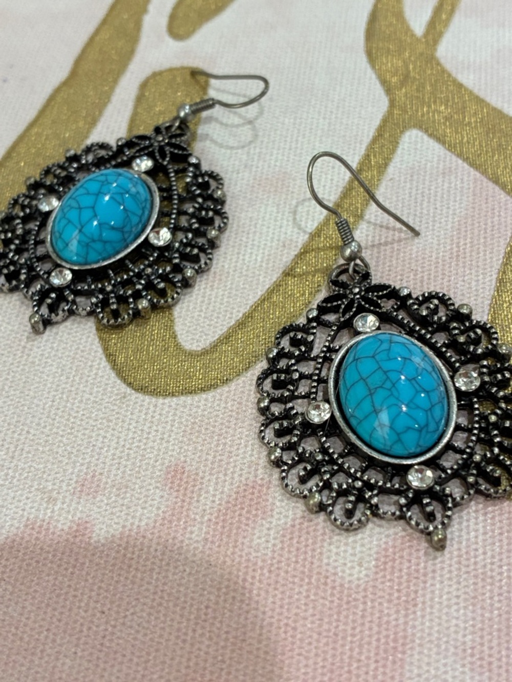 Turquoise Stone Filigree Drop Earrings - Blue